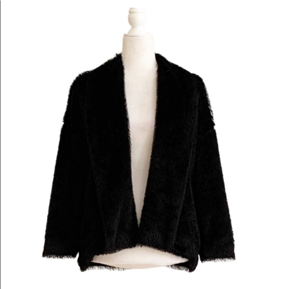 Madison Jacket Coat Black Faux Fur Tipped Fox Open Front Swing Coat Small